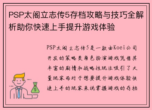 PSP太阁立志传5存档攻略与技巧全解析助你快速上手提升游戏体验