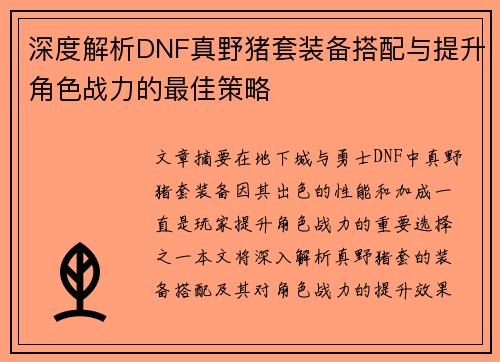 深度解析DNF真野猪套装备搭配与提升角色战力的最佳策略